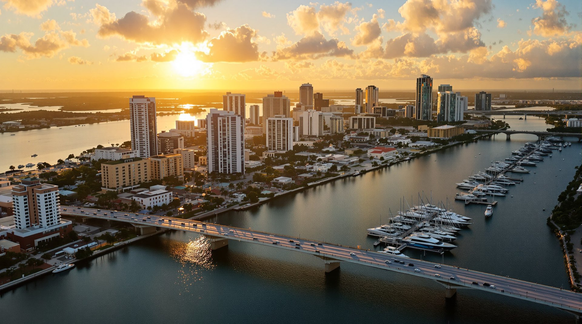 Aerial view of Fort Lauderdale in Broward County at sunset