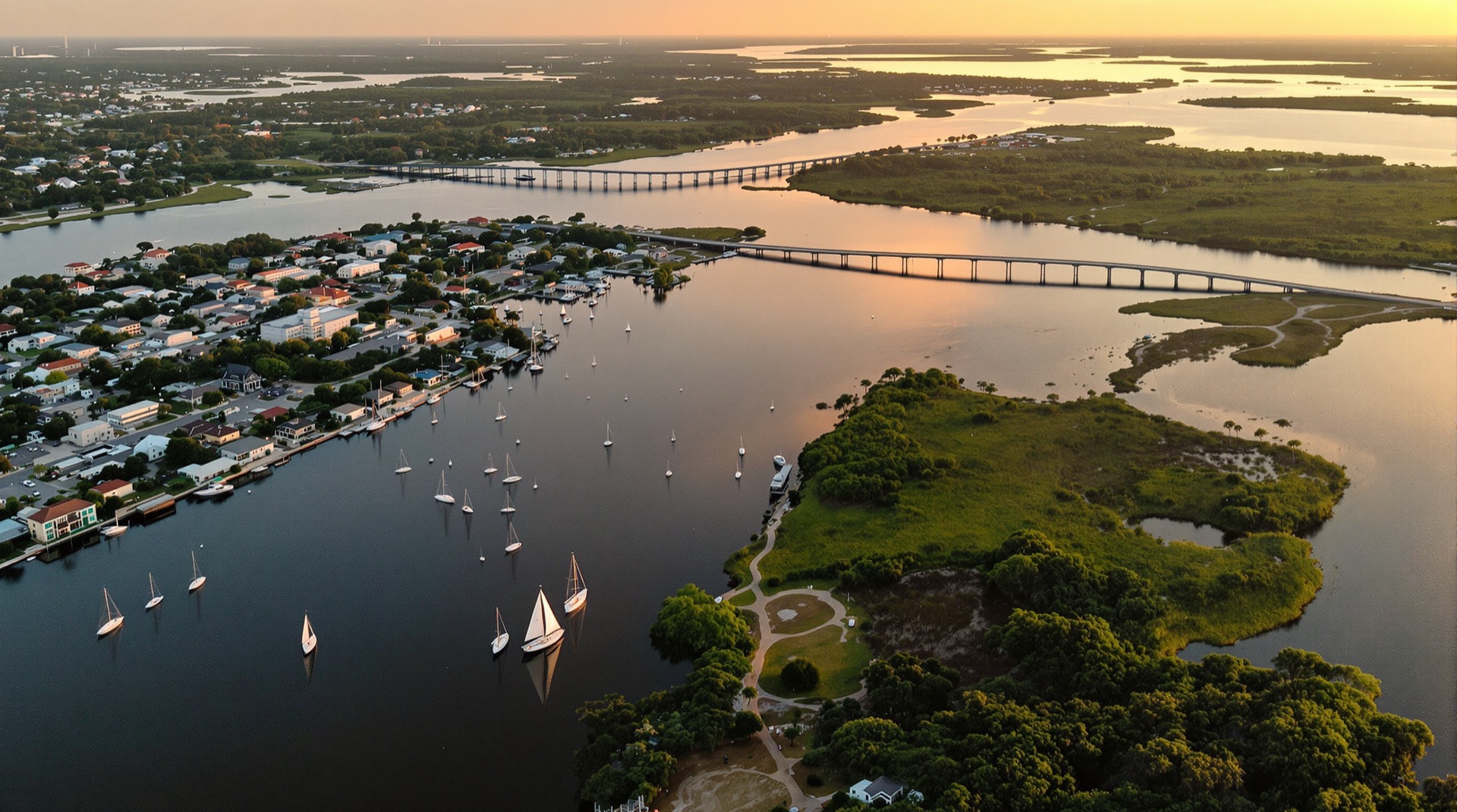Aerial view of Stuart in Martin County where the St. Lucie River meets the Indian River Lagoon at sunset