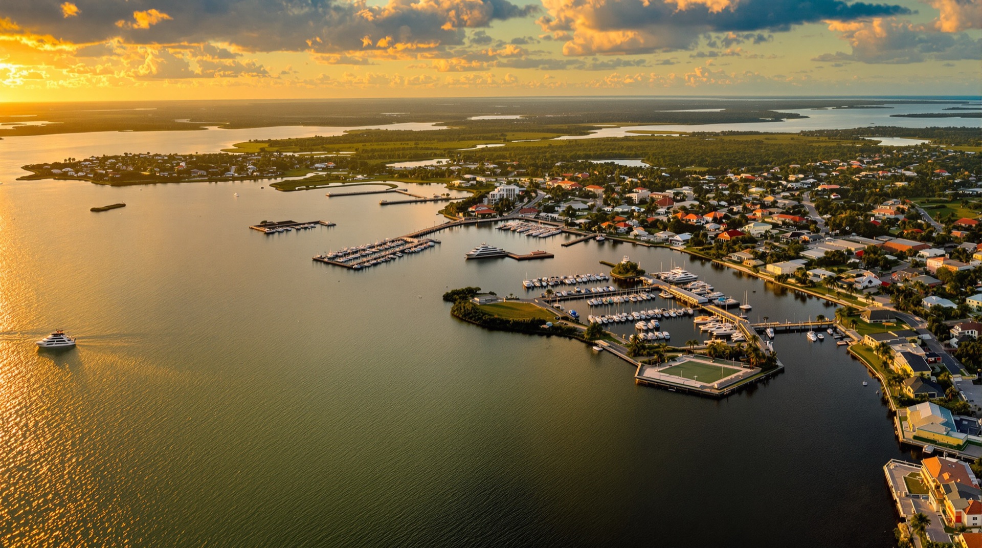 Aerial view of the Fort Pierce Inlet marina and Indian River Lagoon in St. Lucie County at sunset