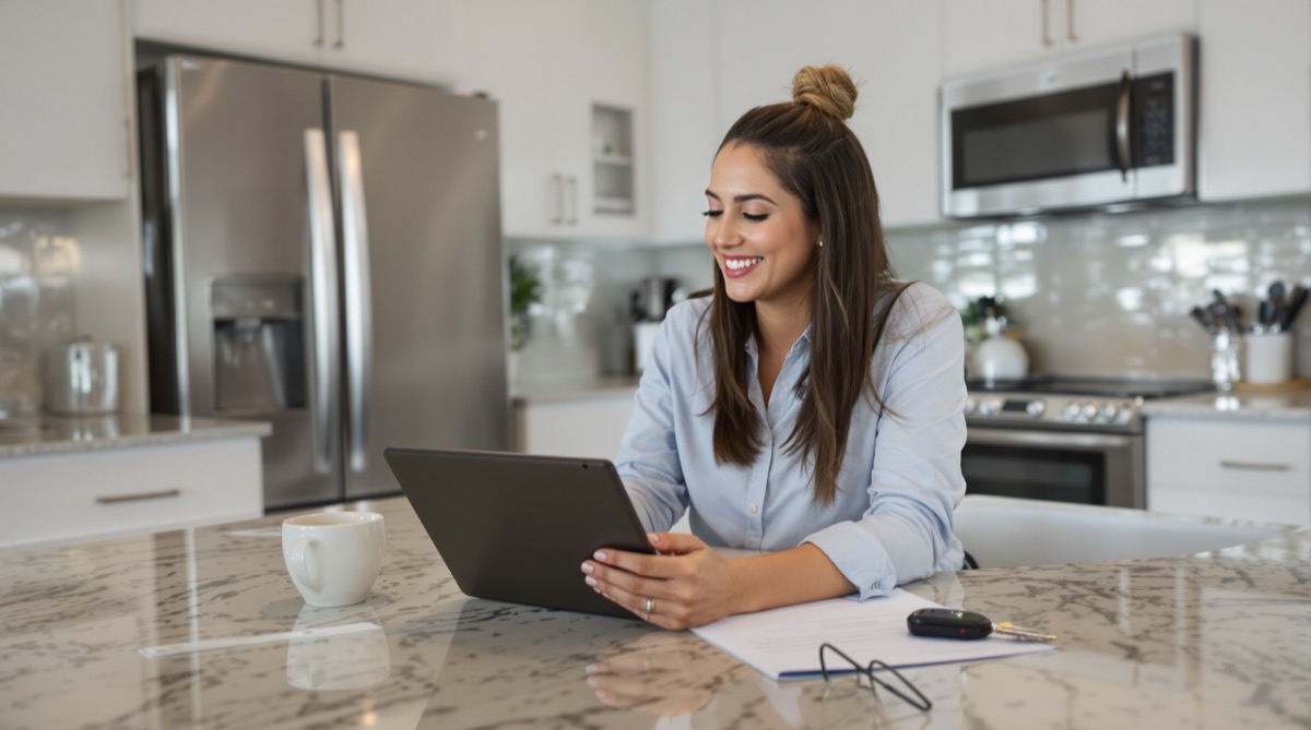 Client e-signing a car lease from her kitchen in Delray Beach