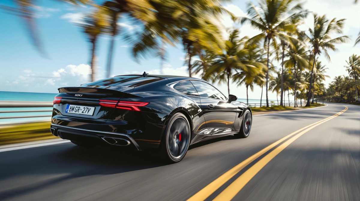 Luxury sedan driving along the ocean in Palm Beach