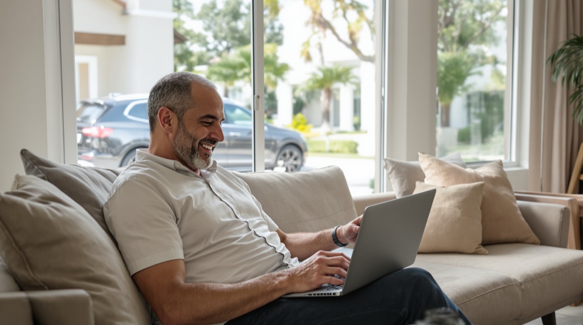 Client signing car purchase paperwork from home while his new SUV sits in the driveway